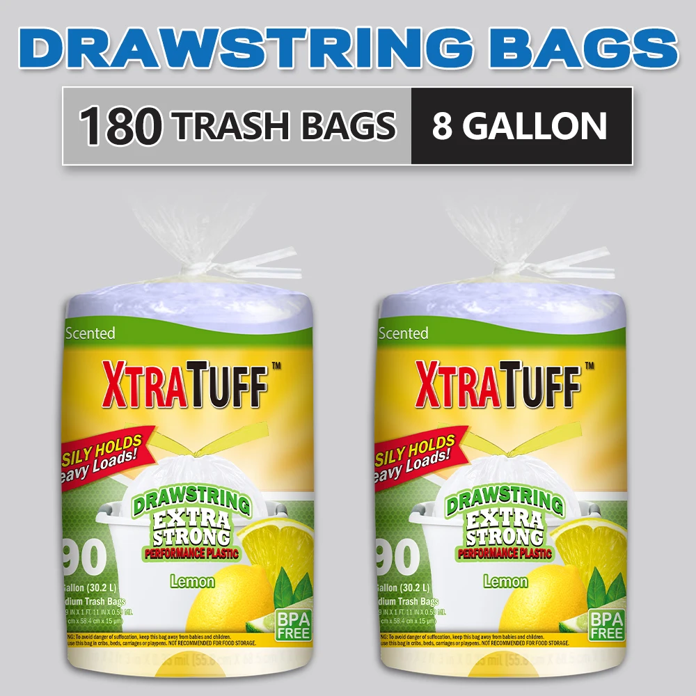 

Xtratuff Medium Drawstring Trash Bags 8 Gallon Trash Bag Lemon Mint Scent 180 Count BPA FREE Garbage Bags White Strong Rubbish