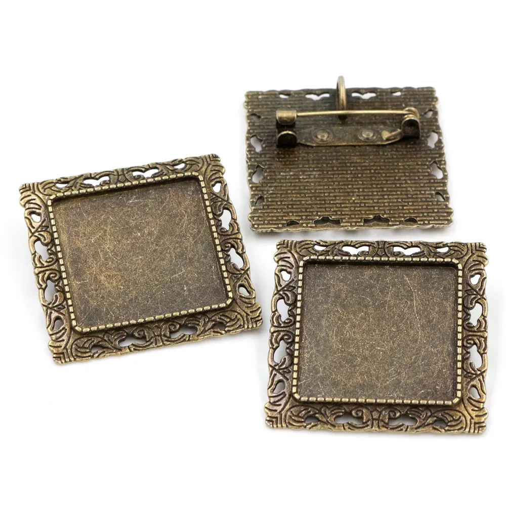 New Fashion 5pcs 25mm Inner Size Antique Silver Plated Bronze Brooch Square Cabochon Base Setting