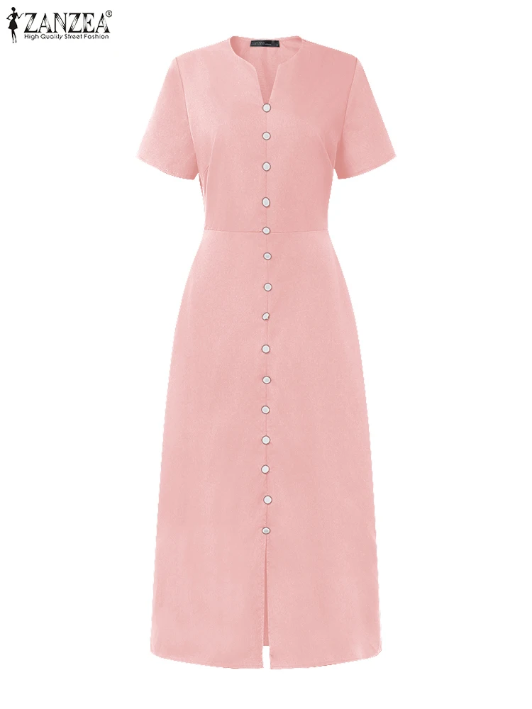 

ZANZEA Casual Fitted Waist A-line Robes Femme Commute Work V-Neck Short Sleeve Women Midi Dresses 2025 Summer Solid Vestidos