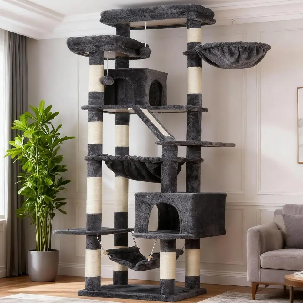 

71 Tall Cat Tower with 2 Perches, 2 Condos, 2 Hammocks, Basket, Scratch Pad, and Furniture in Smoky Gray