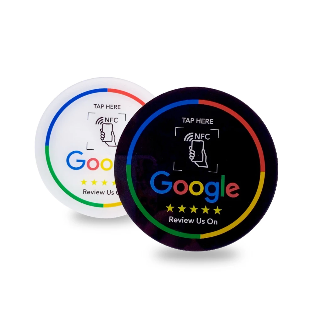 

100pcs Diameter 10CM Google Reviews NFC Table Sticker NNTAG 213 215 13.56MHz Programmable Acrylic with Self-adhesive Backing