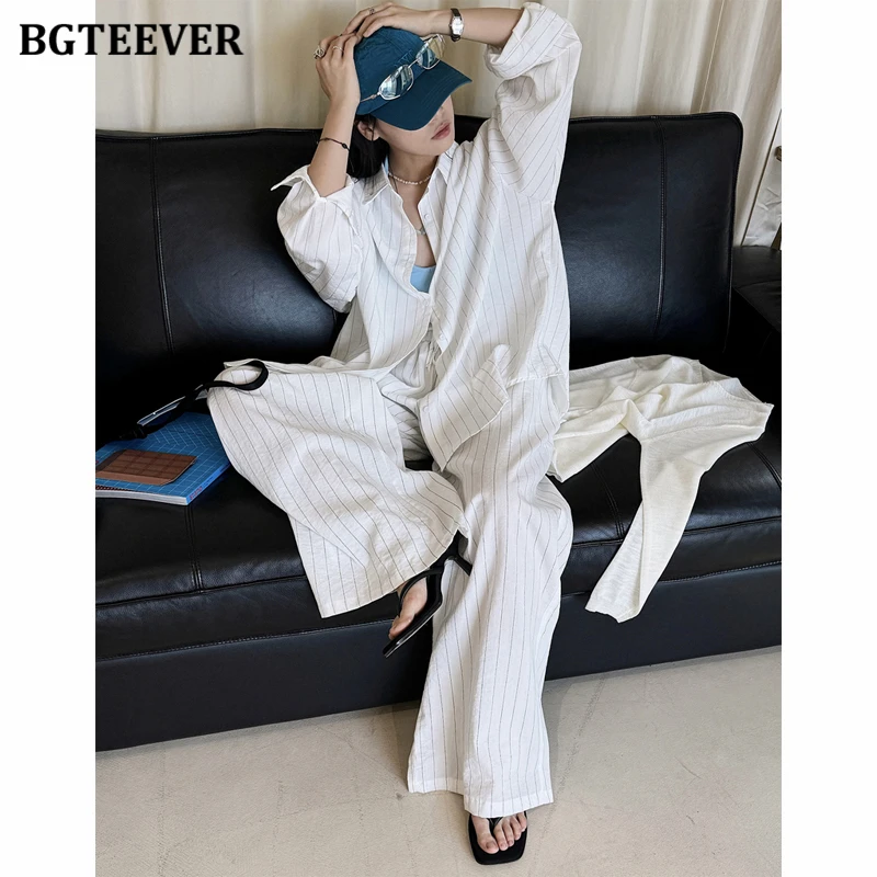 BGTEEVER Summer Loose Female Trousers Set Full Sleeve Shirts & Wide Leg Pants Women Striped Two-piece Set