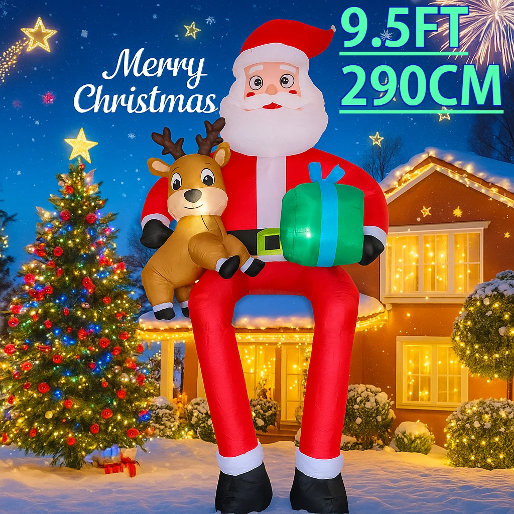Decoración de patio de Navidad de 9,5 pies, decoración inflable de Papá Noel para vacaciones de Navidad, regalo de Reno, adorno LED para el hogar, suministros de regalos, juguete