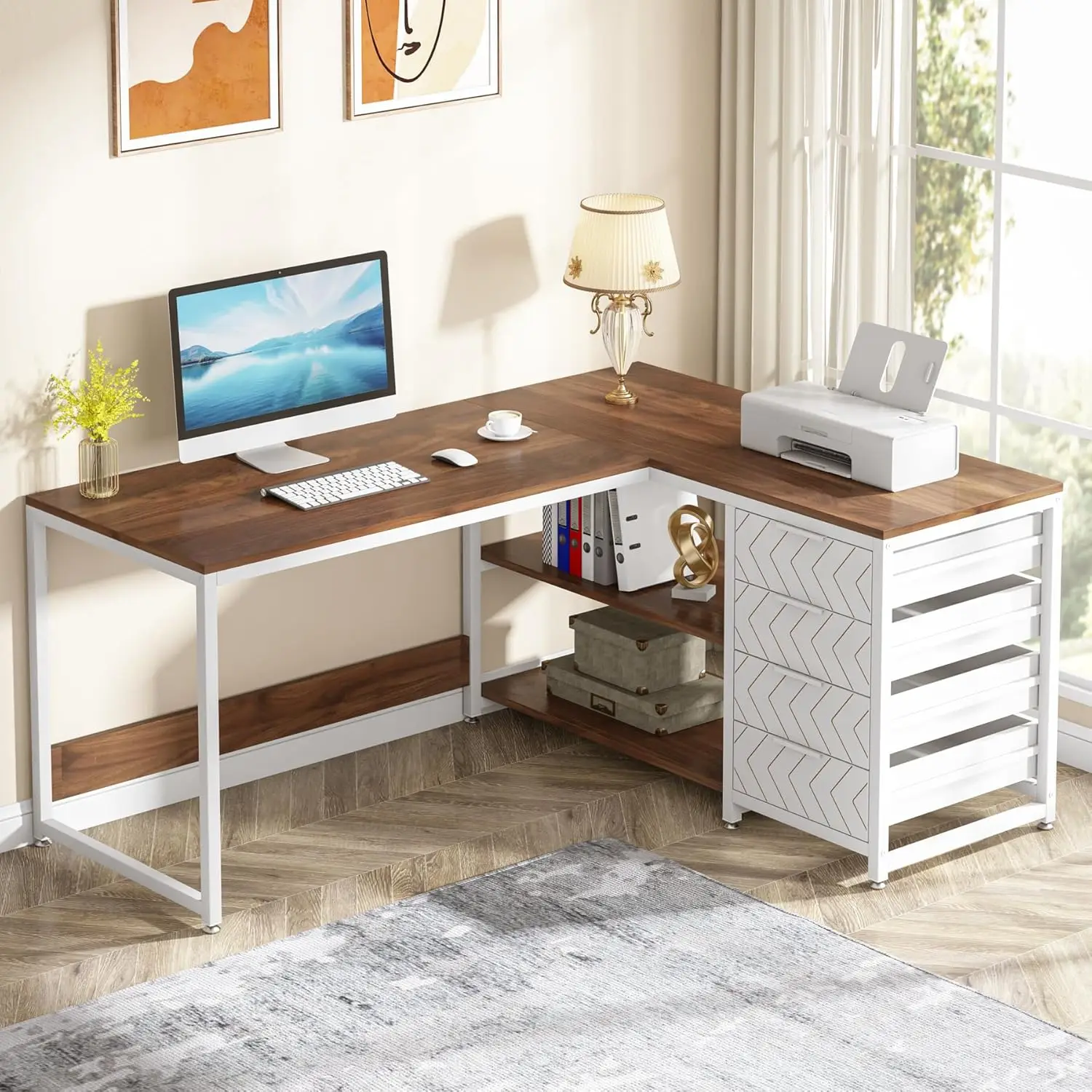 

L Shaped Computer Desk with Storage Drawers,59 inch Corner Desk with Shelves,Reversible L-Shaped Office Desk Study Writing Table