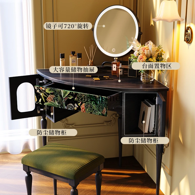 French retro small apartment bedroom fan-shaped black solid wood makeup table