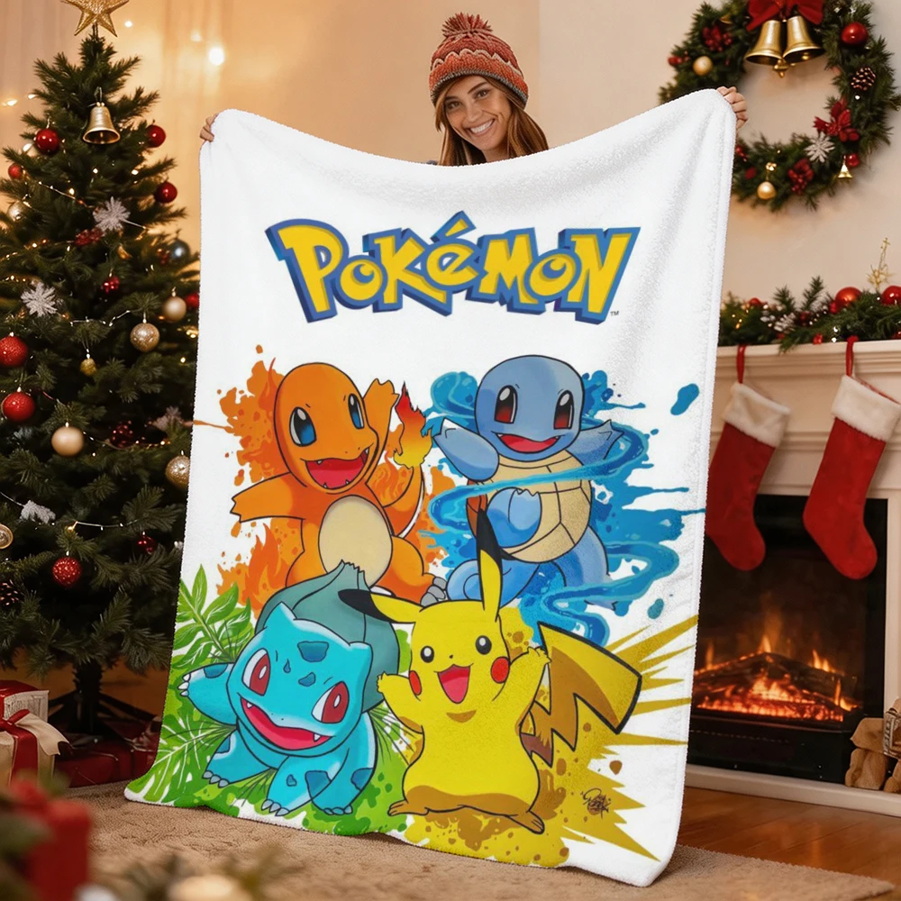 Pokemon Starters Pikachu Charmander Squirtle Bulbasaur Print Flannel Throw Blanket Soft Warm Blanket for Sofa Bed Home Decor