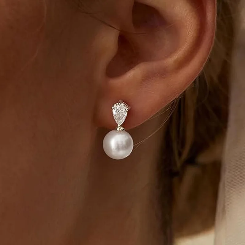 New Trendy Gold Pearl Earrings Dainty Wedding Bride Earring Women Simple Gold Color Formal Pearl Drop Earrings