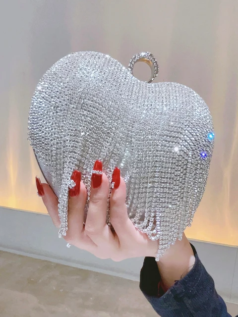 Rhinestone sprzęgło kształt serca luksusowe pomponem torebka wieczorowa torba diamentowe wesele torebka na imprezę Sliver złoty uchwyt torba wieczorowa
