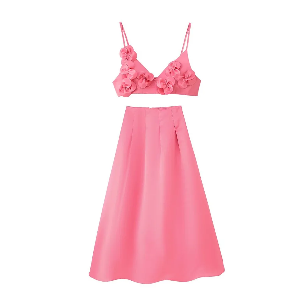 VEITCHE الربيع الصيف النساء الوردي زهرة اقتصاص تنورة مجموعة موضة عالية الخصر تنورة طويلة 2 قطعة دعوى مهنة الشاطئ الزي