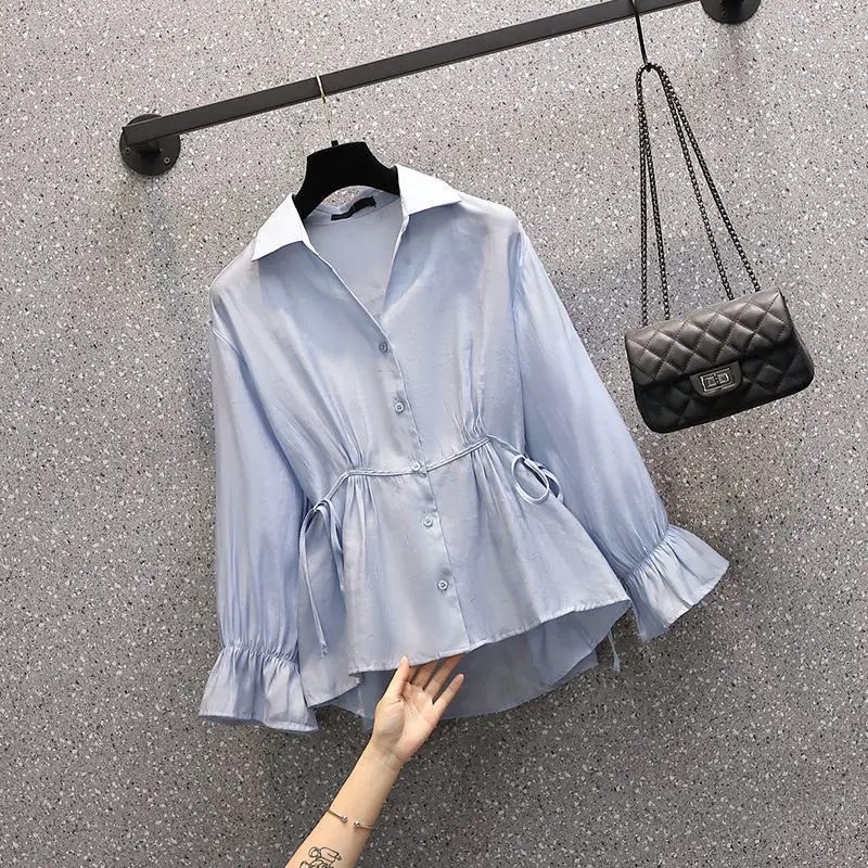 Autumn New Women\'s Flare Sleeve Solid Color Casual Shirt Fashion Lace Up Spliced Single-breasted All-match Blouse for Female