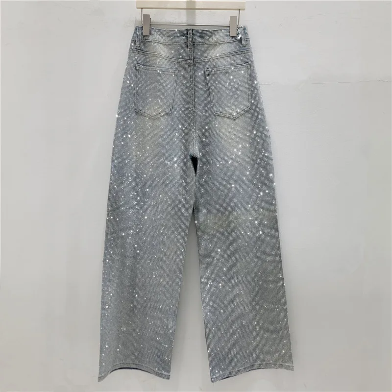 American Shiny Full Diamonds Loose Straight Jeans Women New Spring Autumn All-match High Waist Floor-length Wide Leg Denim Pants