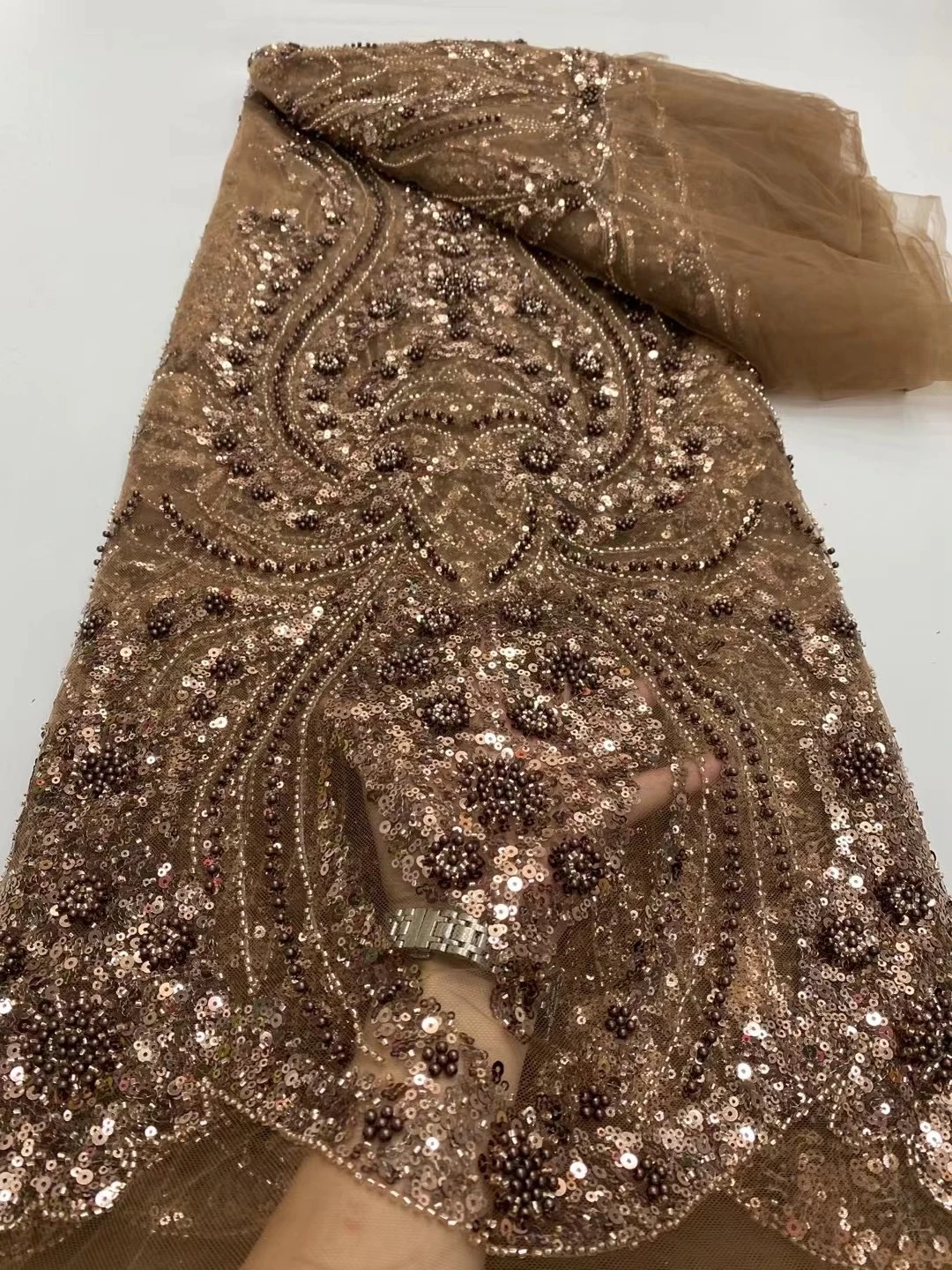 

2025,African Nigerian,High Quality, Tulle Lace Fabric，Sequins EmbroideryBeaded, French GuipureWedding Party Dress, 5Yards