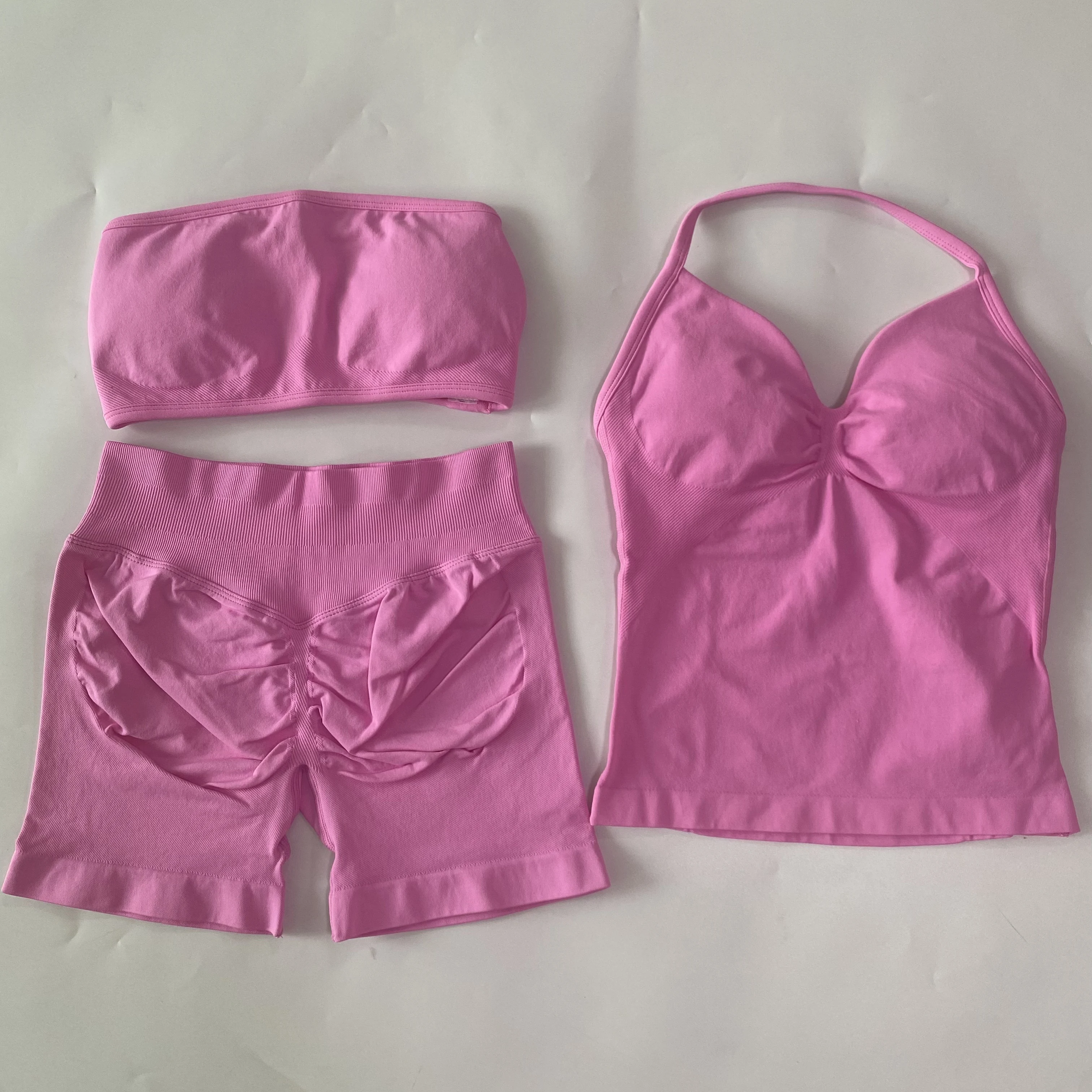 3-teiliges Yoga-Set für Damen, rückenfreier Bandeau-Sport-BH + langes Top mit Trägern + Scrunch-Shorts, Sportbekleidung, Outfit-Sets, Gym-Set – Detail 16