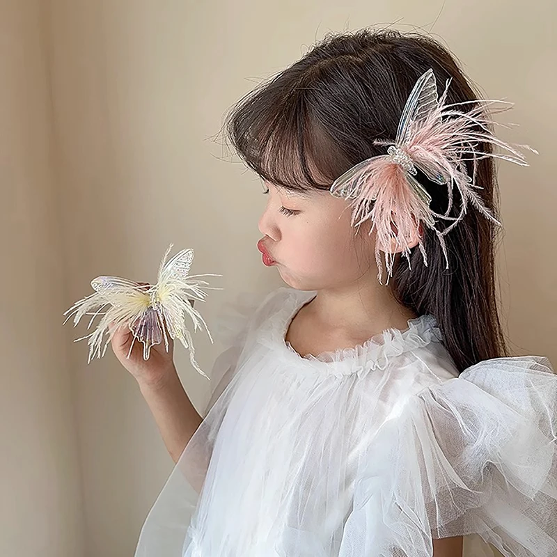 Clip de pelo de mariposa de plumas de Boutique coloridas coreanas para niños, tocado de princesa de belleza de hadas, accesorios de tarjeta lateral