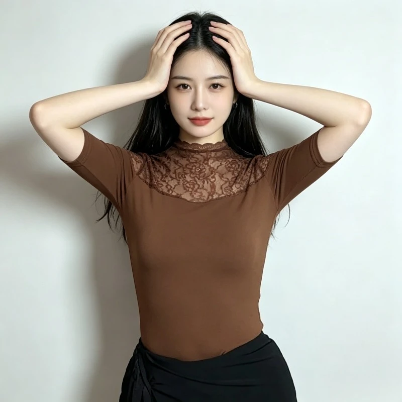 

Adult Women Mid Sleeve Lace Latin Dance Top Soft Shirt for Cha Cha Rumba Tango Training & Performance Line dance top dancewear