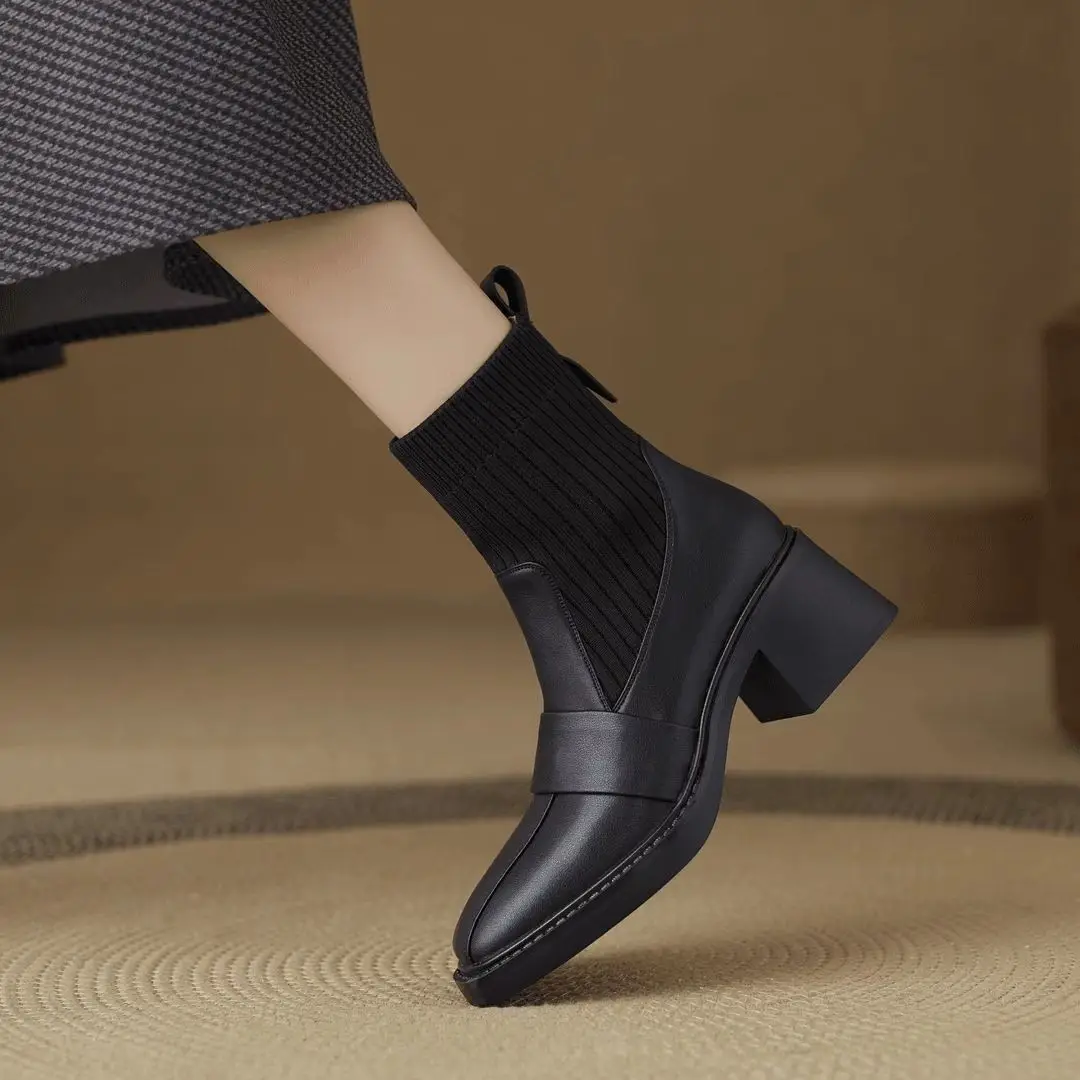 

Женские короткие туфли, элегантные ботильоны на среднем каблуке, эластичные ботильоны для женщин, вязаные ботинки высокого качества в стиле готики, распродажа в пинетках