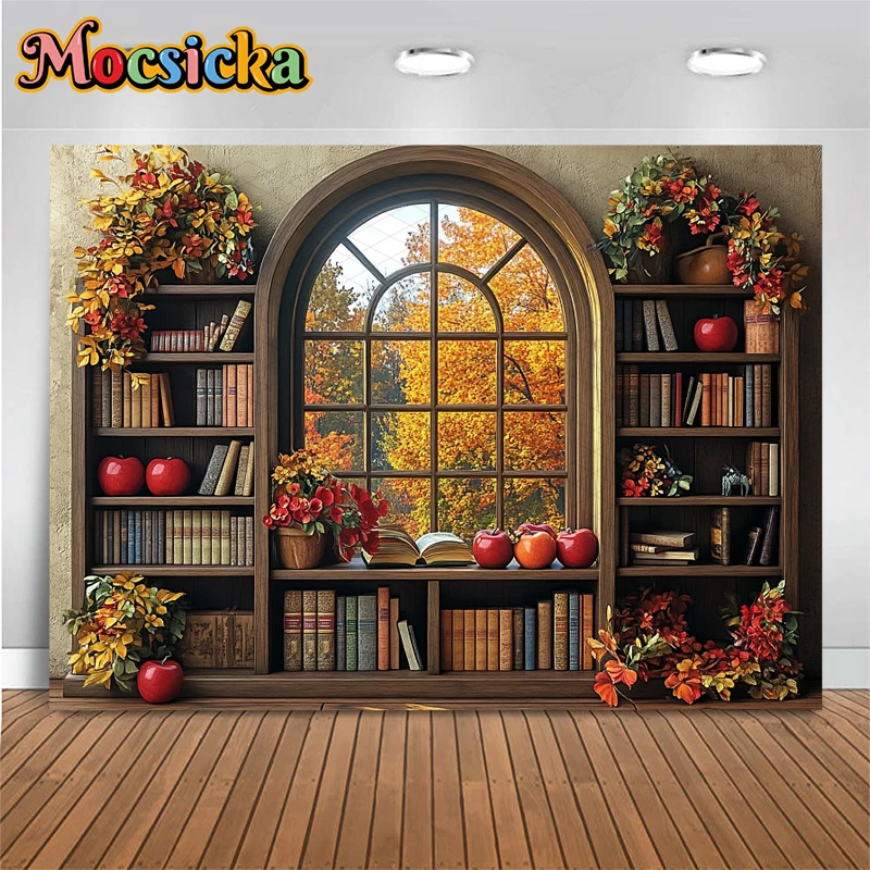 Mocsicka книжная полка фон для фотосъемки осень яблоко детский душ день рождения фон окно цветы листья Декор баннер