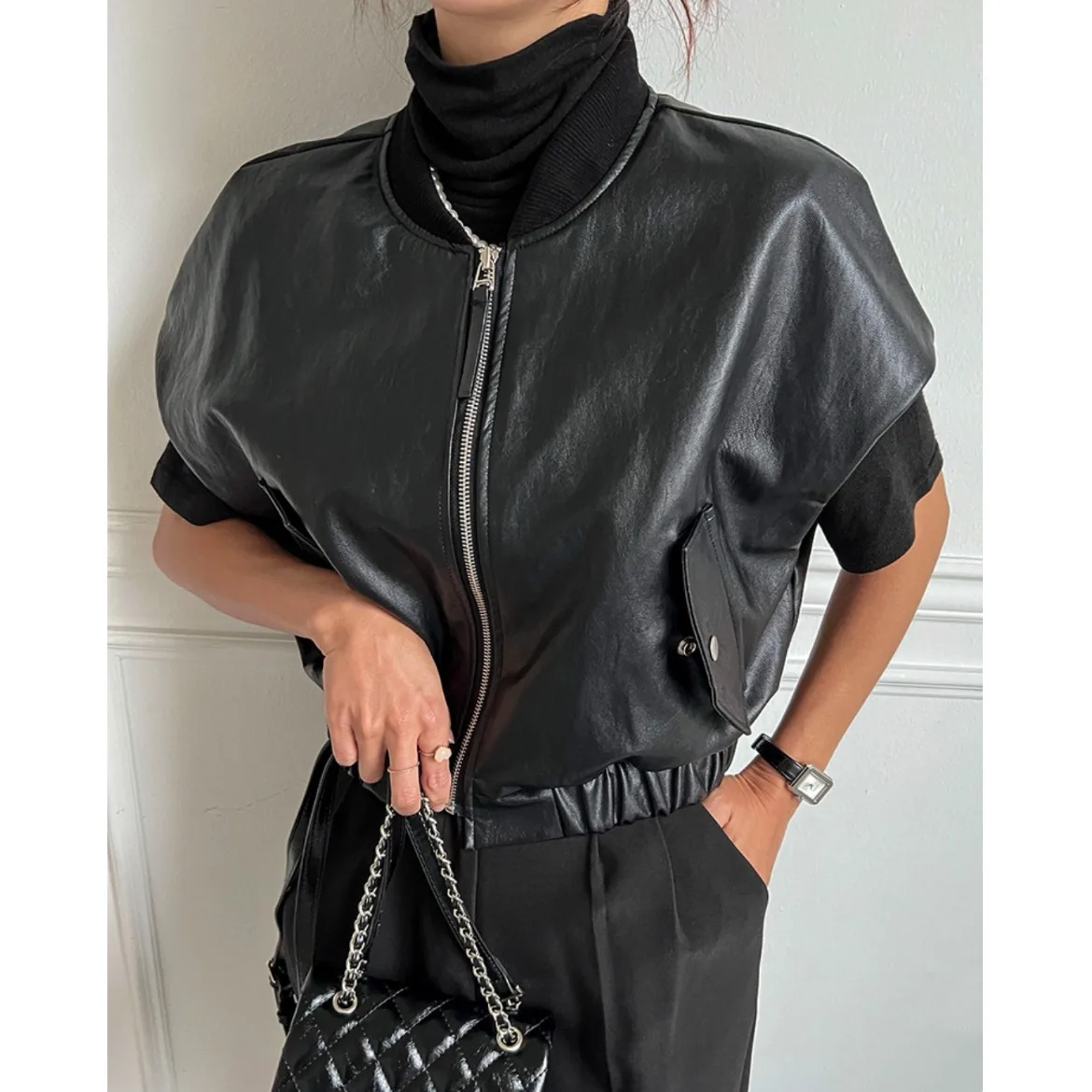 Chique vintage high-end redondo ne zíper couro do plutônio solto versátil colete svel ort jaet feminino faion outono inverno