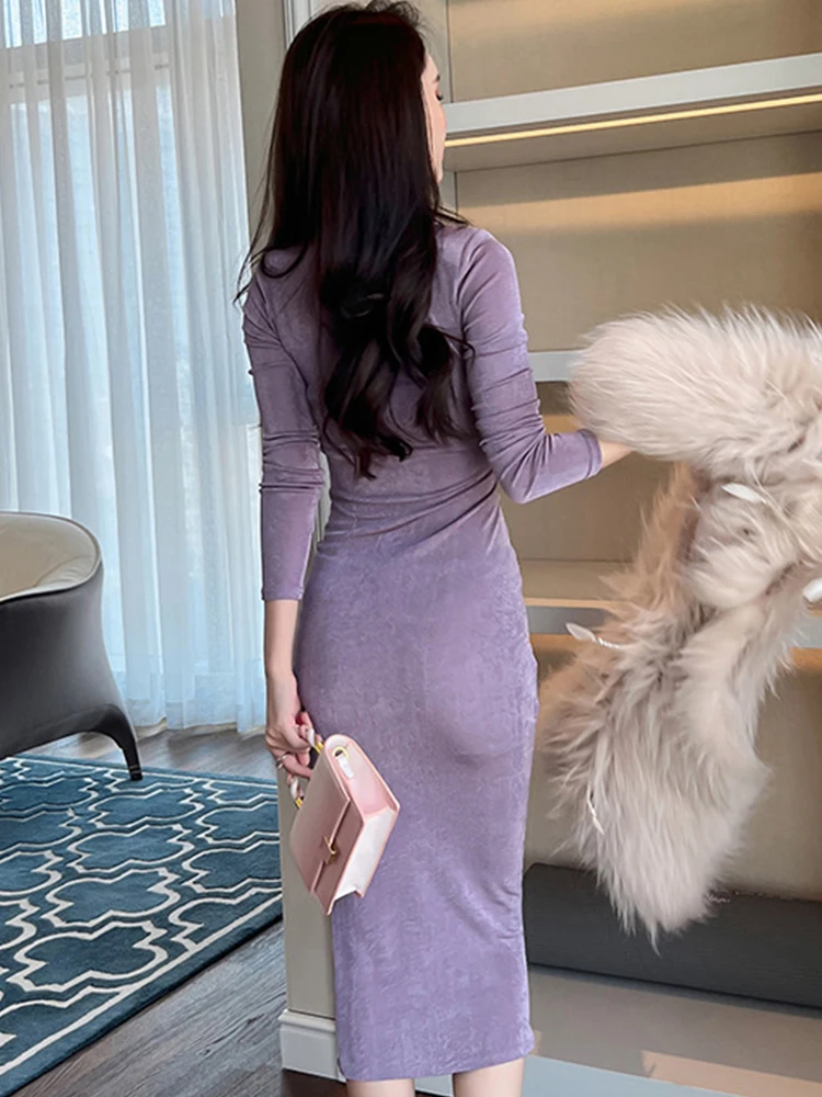 Mode Frauen Retro Falten Solide Grundlegende Midi Kleid Temperament Elegante Sexy Straße Kleidung Bodycon Dünne Innere-Spiel Weibliche kleid