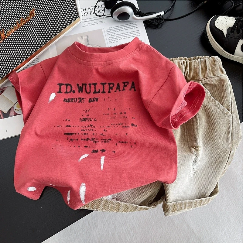 2026 Boys Summer Loose Cool Outfit Fashion Letter T-shirt + Ripped Denim Shorts 2-Piece Kids Casual Tracksuit Set 1-5 Years