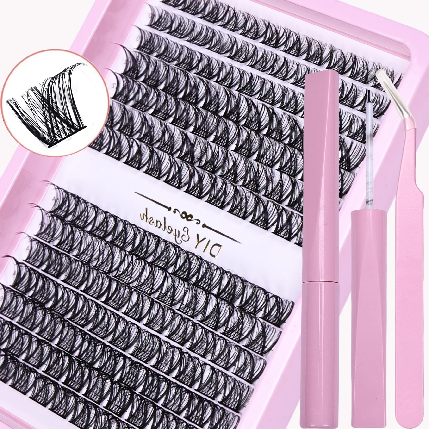 154 peças kit de extensão de cílios postiços diy com adesivo de cílios e selante e pinças, conjunto de cílios individuais de curvatura d