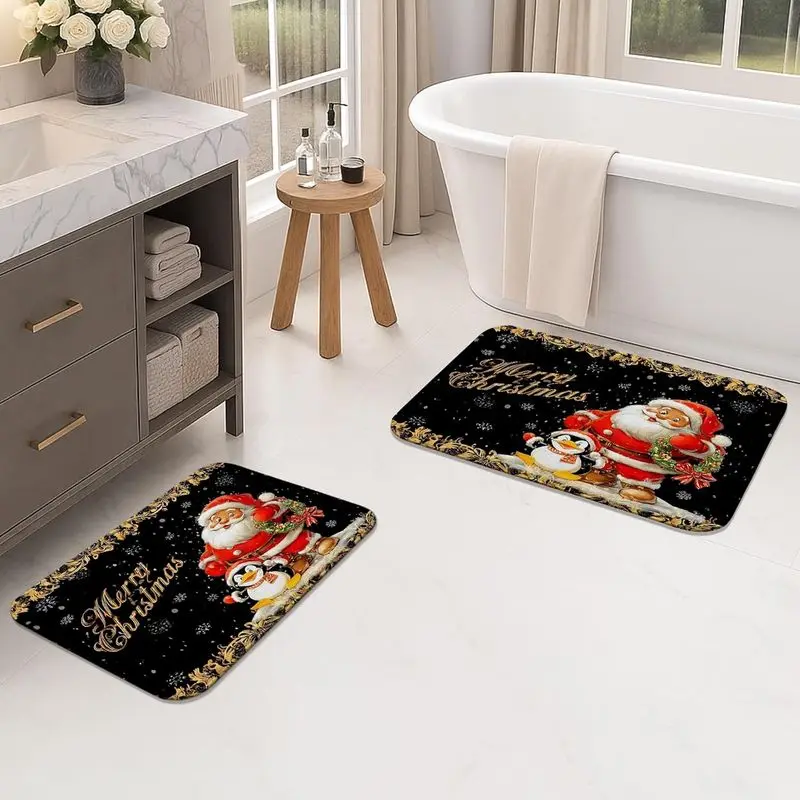 VIKAMA Santa Penguin Door Mat Black Gold Christmas Non Slip Welcome Rug For Entryway Bathroom Bedroom Xmas Home Decor