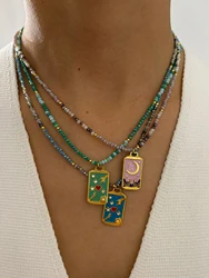 Peri'sbox Bohemian Multi-color Acrylic Beaded Chain Colored Enamel Rhinestone Square Pendant Necklace for Women High-End Jewelry