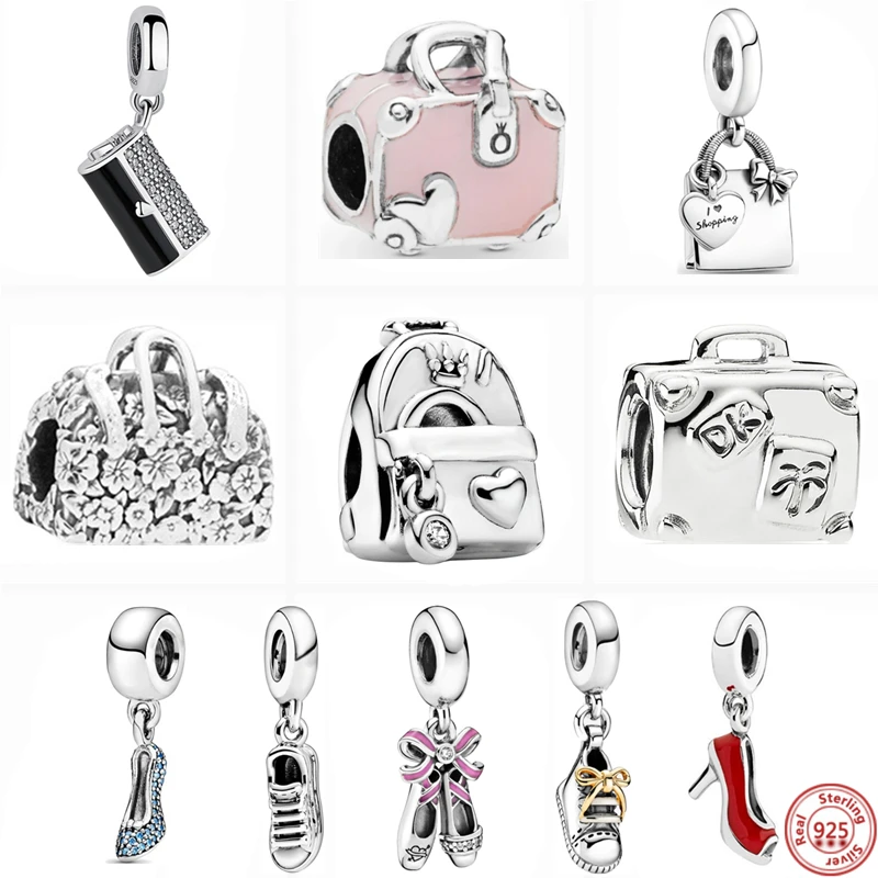 925 Sterling Silver Luggage Bags Shoes High Heels Shopping Bags DIY Beads Fit Original Pandora Charms Bracelet For Women Jewelry