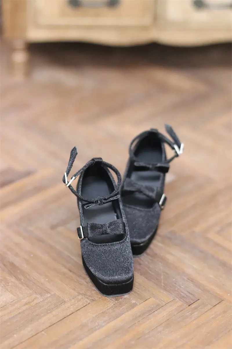 

In Stock BJD Doll Shoes 1/3 Elegant Double Bows Black Square-Toe Soft Silk High Heels Girls Doll Accessories