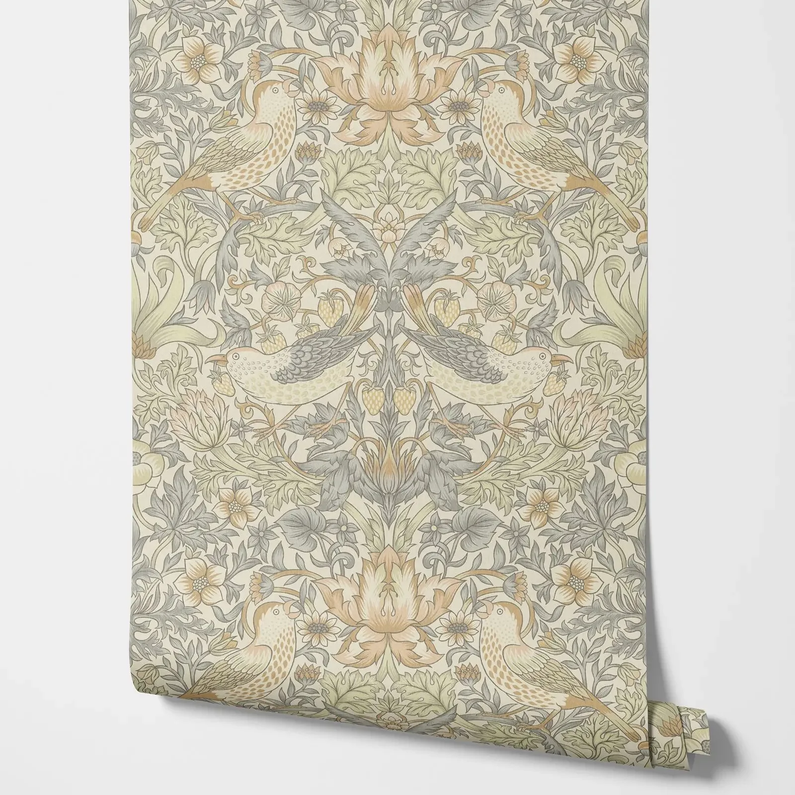 Natural Strawberry Thief Flower Wallpaper in Nature Color,Peel & Stick Wall Paper with cheeky birds feasting on nature's bounty