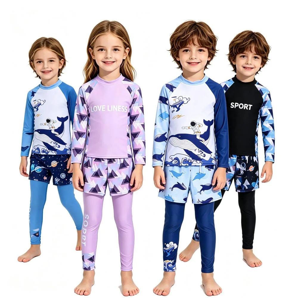 Girls 3pcs Rash Guard Swimwear Long Sleeve Tops+Shorts+Leggings Animal Cartoon Swimsuits Surfing Bathing Suits Diving Costume