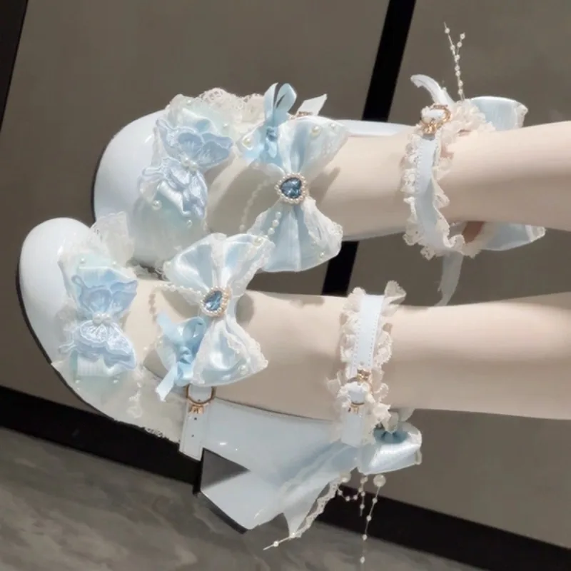 Japanese Large Size Lolita Bow Lace Rhinestone High Heels Women's Original and Genuine Elegant Cla Middle Heel Lo Shoes Female