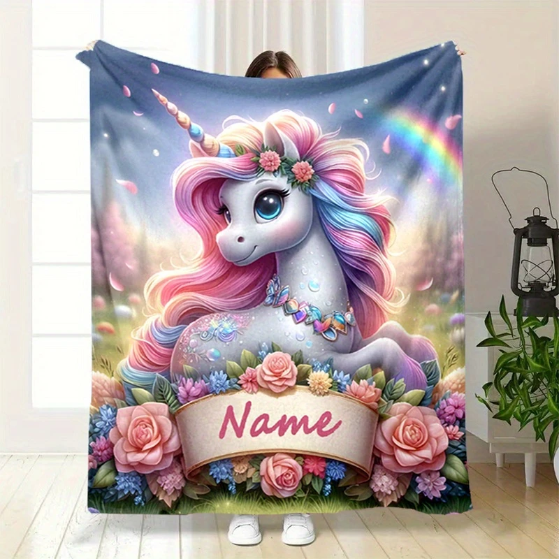 

Custom Name Printed Flannel Blanket Cute Unicorn Personalized Soft Warm Blanket for Bed Sofa Bedspread Picnic Travel Blanket