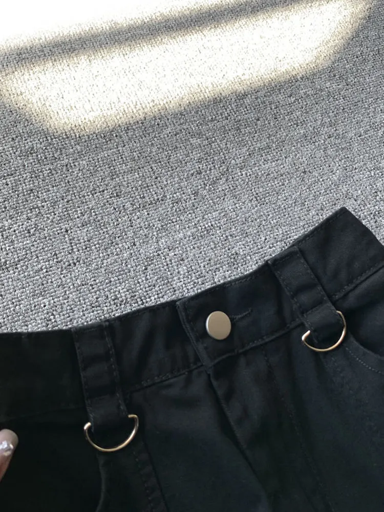 American High Street Black Workwear Pants Multi-Pocket Belt Design Slim Straight Jeans Micro Flared Trousers for Men And Women