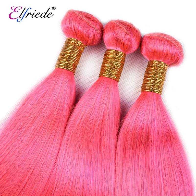 Elfriade-mechones de cabello humano liso con encaje Frontal, mechones de color rosa, brasileño, tramas cosidas, 3 mechones, 13x4