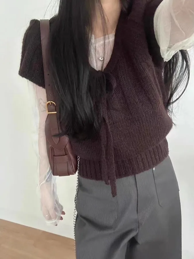 Women's Knitted Short Sleeve Sweater with Drawstring Casual Style Inner Wear Twist Cable Design Autumn Winter Fashion Top
