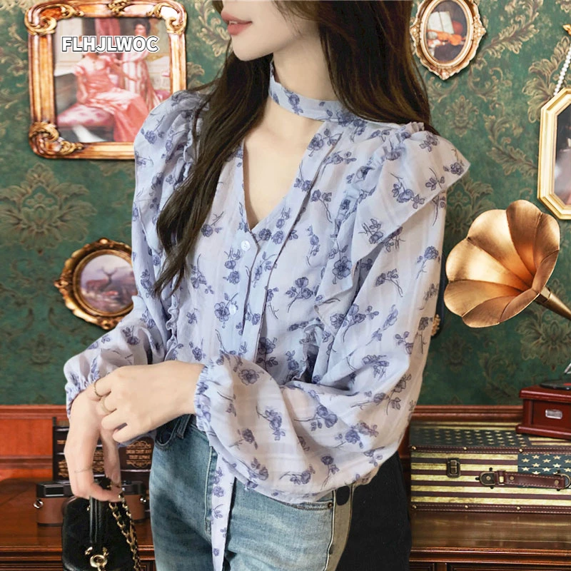 Retro Flower Floral Bow Tie Ruffles Tops Women Korea Style Design Long Sleeve Elegant Cute Ribbon Sweet Basic Shirts Blouses