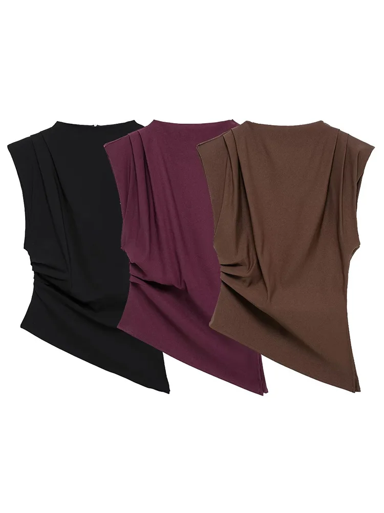 HH 2025 Vintage Women\'s Solid Asymmetric Slim Tops Female Fashion Zipper Sleeveless Cross Folds Top Lady Streetwear