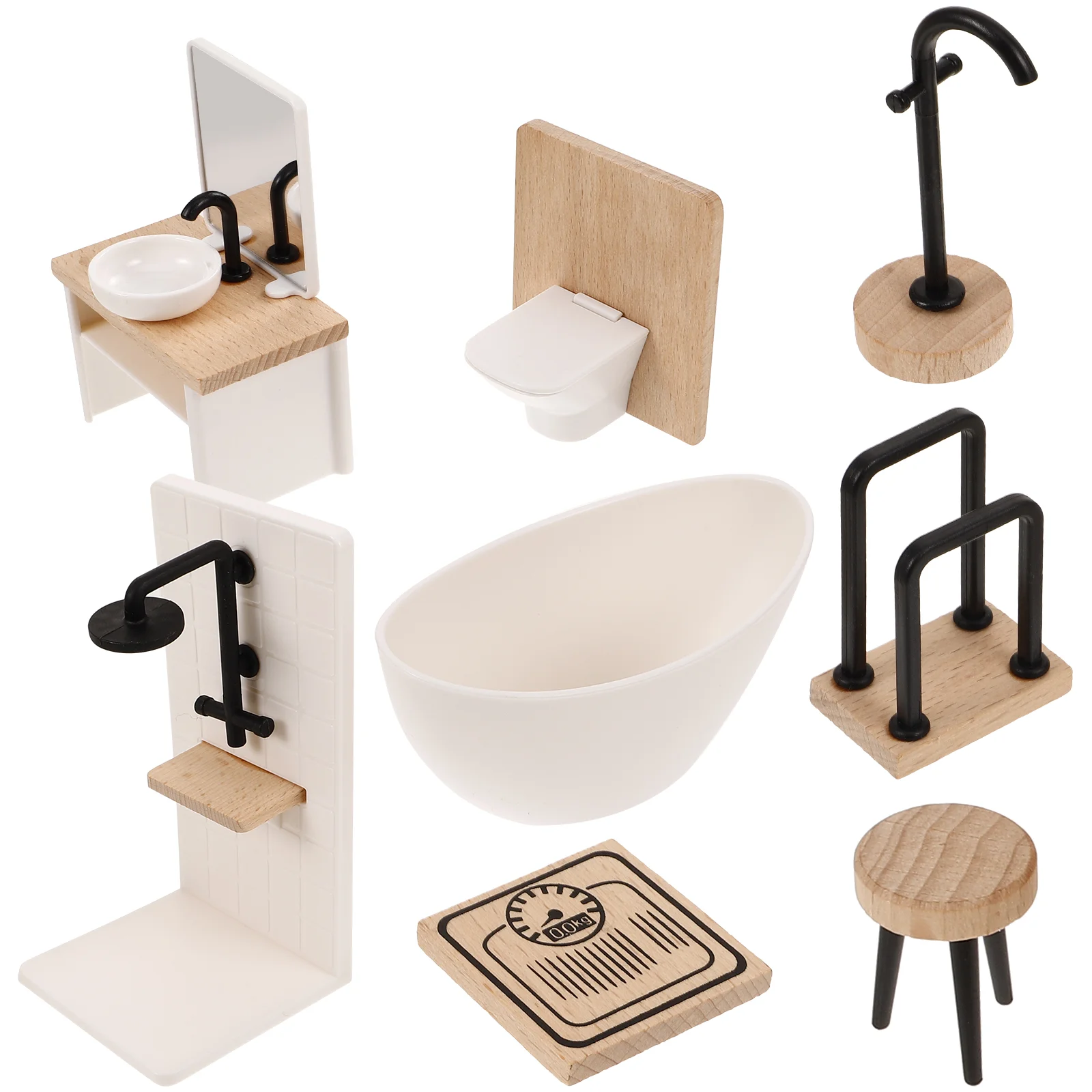 Dollhouse Bathroom Set 8Pcs 1/12 Scale Miniature Toilet Basin Model Mirror House Furniture Toys Cake Topper Dollhouse