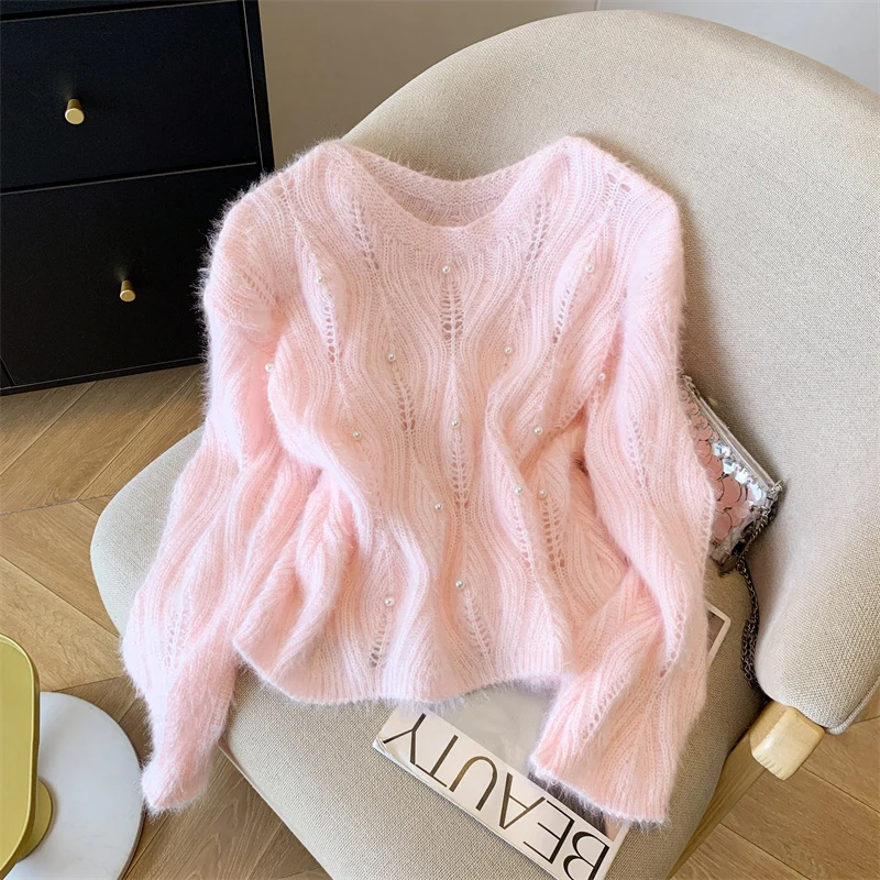 

Милый вязаный свитер с бисером, женский свитер с длинным рукавом, мягкие пуловеры с ленивым ветром, осень-зима, свободные повседневные милые удобные джемперы