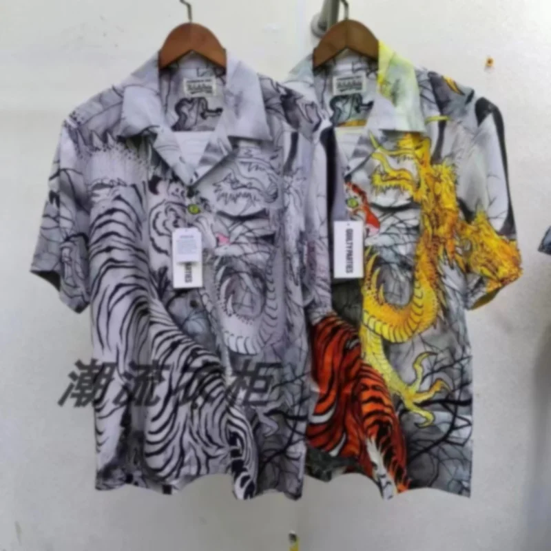 

Streetwear Fashion WACKO Dragon Tiger Pattern Print Hawaiian Rayon Mens Womens Short Sleeve Shirt Tops