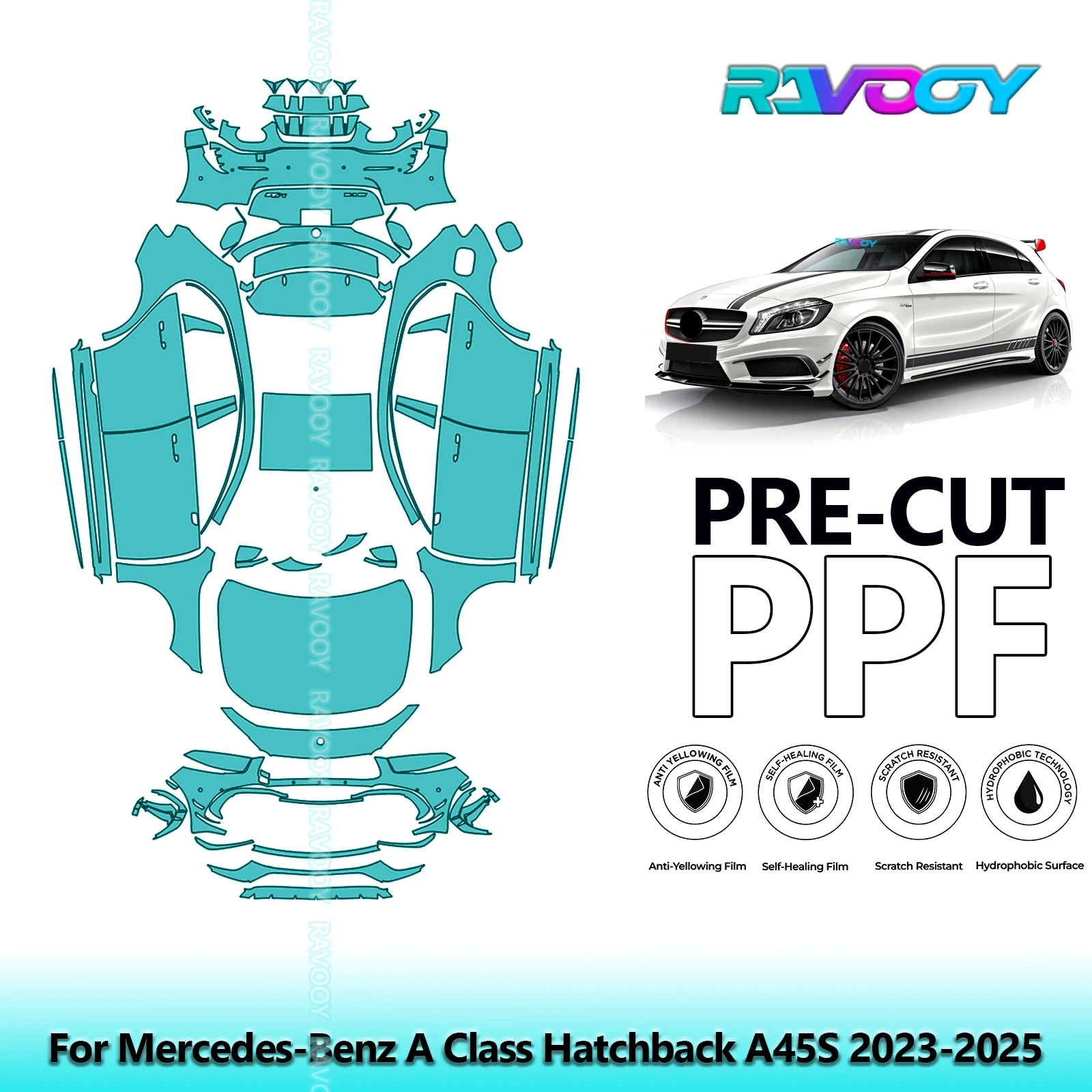RAVOOY Custom-Fit Precut TPU PPF Full Vehicle Clear Bra Stone Guard EU UK For Mercedes-Benz A Class Hatchback A45S 2023-2025
