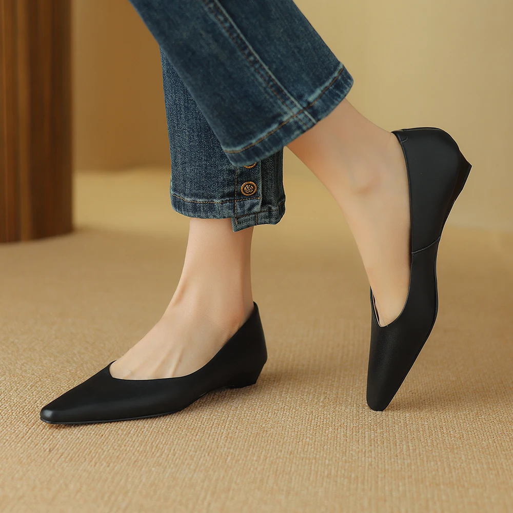 Taoffen New Arrival Women\'s Flat Shoes Real Leather Pointed Toe Summer Shoes Fashion Slip On Footwear Solid Office Lady Pumps