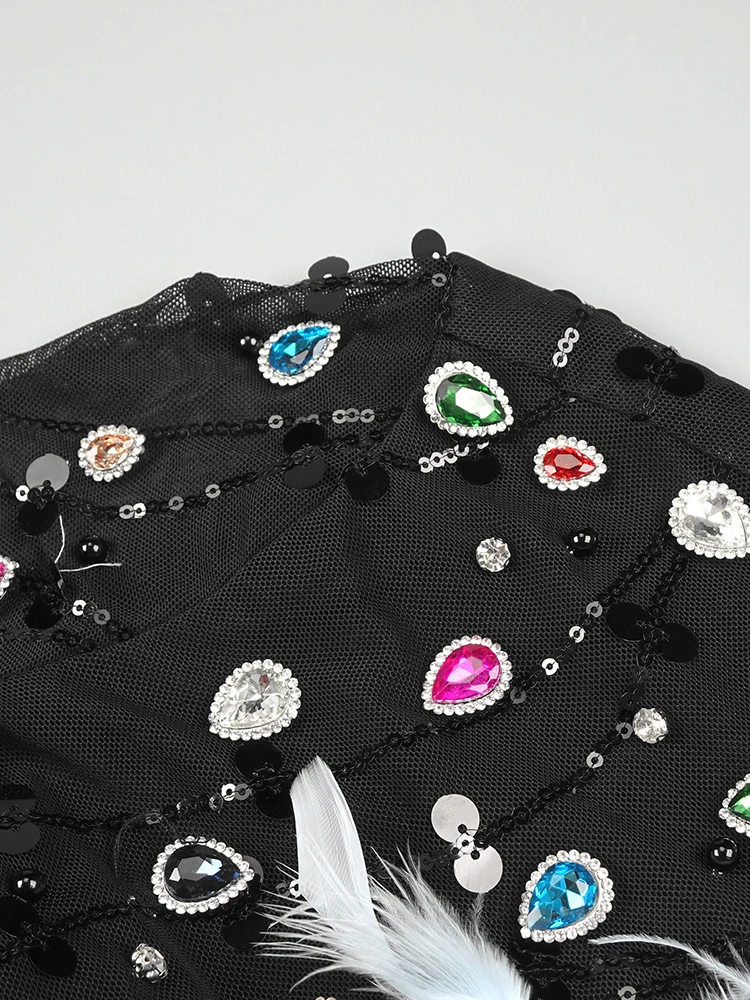 Sexy Club Gowns Colourful Diamonds Mini  Short Prom Dress High Neck Rhinestones Long Sleeves Mesh Patchwork Feathers Hemline