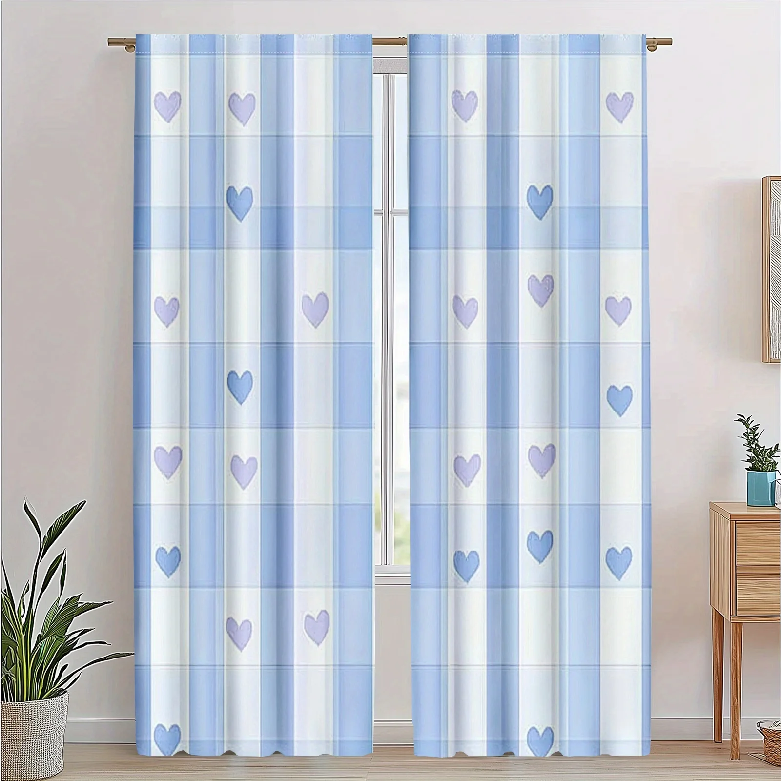 Aesthetic Blue Heart Plaid Check Curtains Polyester Window Drapes for Nursery Bedroom Living Room Cottage Style Filtering Shades