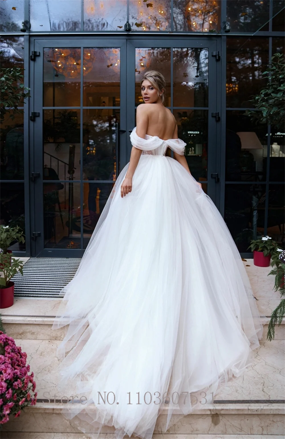 Vestido de novia plisado con cuentas de tul sin hombros, corte de línea a, ilusión sin espalda, vestido de novia