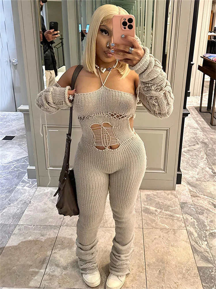 Whatiwear Knitted Halter Jumpsuits+Glove Women Hollow Bandage Backless Skinny Stretch Trend Stacked Workout Streetwear Overalls