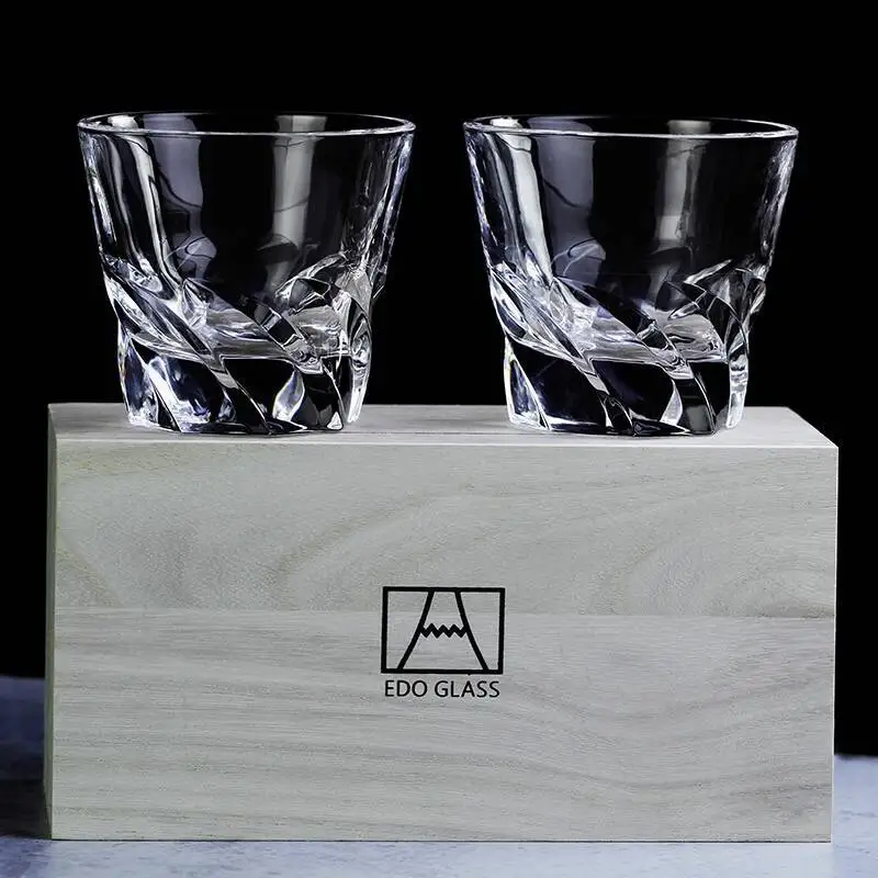 Carved Shark Fin Whiskey Glass For Couple Old Fashioned EDO Crystal Wine Cup Wind Blade Lovers Whisky Cup Set Wood Box Recommend
