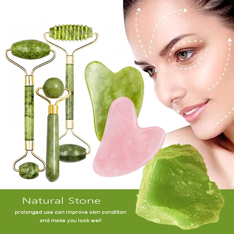 Guasha Piedra Natural Jade masaje Facial Gua Sha herramienta de masaje juego de rodillos de Jade visage rolo de masaje rolo visage