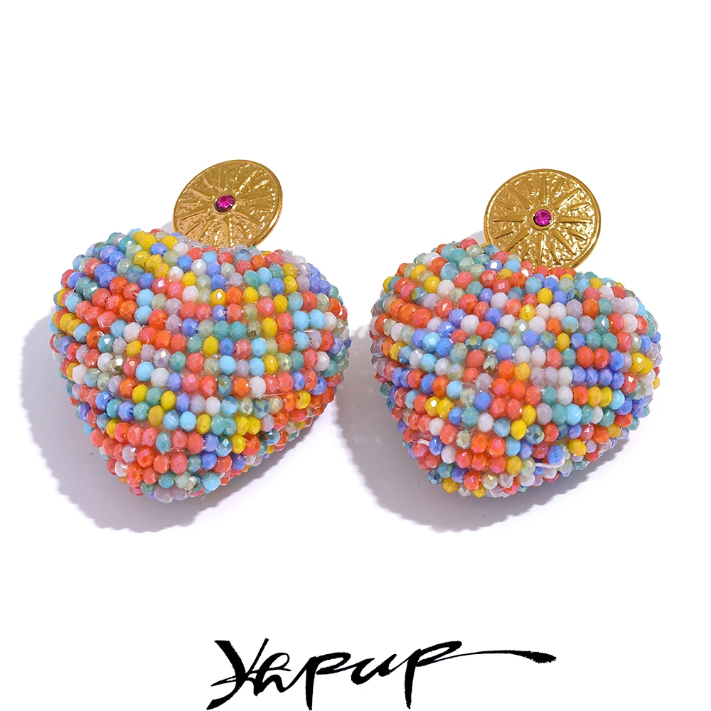 Yhpup Stainless Steel Colorful Candy Crystal Heart Drop Earrings Women Sweet Cute Summer Handmade Fashion France Boho Jewelry